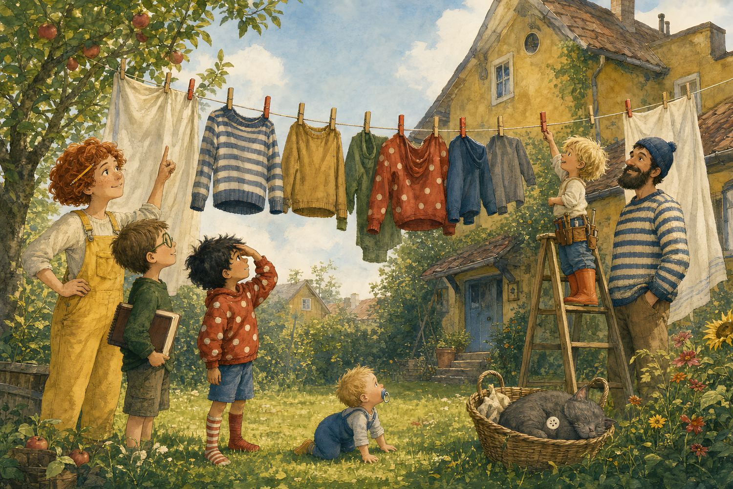 Aquarell: Familie Wirbelwind im Garten an der Wäscheleine