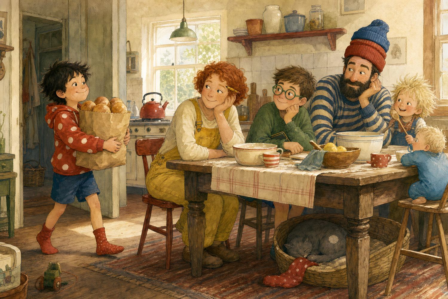 Aquarell: Die Familie am Küchentisch beim Frühstück