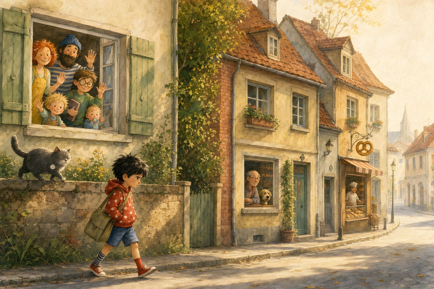 Aquarell: Anton läuft die Straße hinunter, die Familie winkt aus dem Fenster