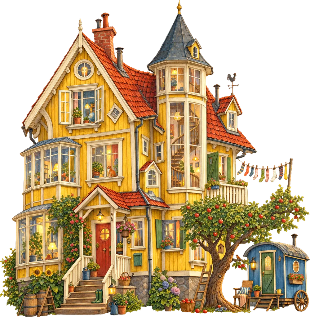 Das gelbe Haus der Familie Wirbelwind – Startbild des Spiels